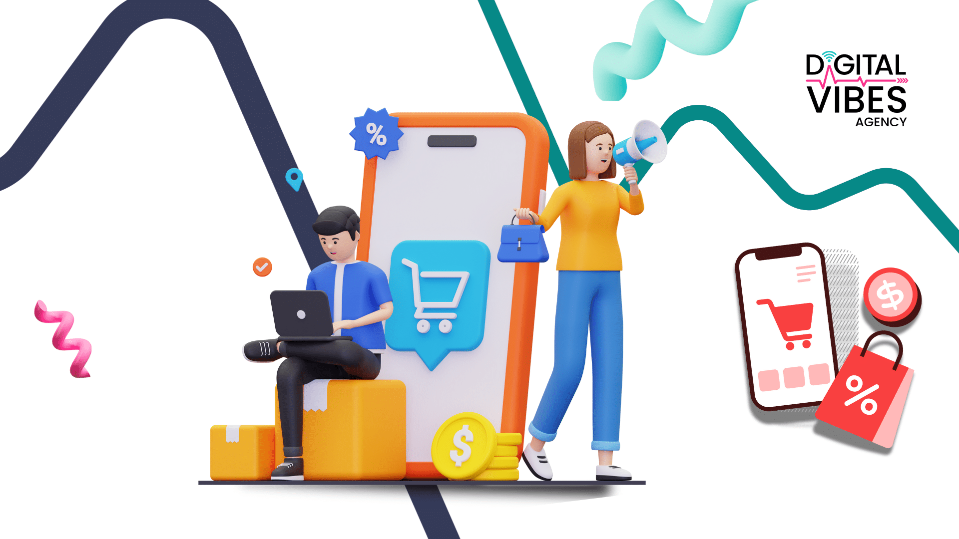 Graphic showing two people working on e-commerce and marketing with shopping cart and megaphone icons, illustrating web design agency selection.